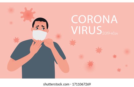Coronavirus poster. A scared young man in a medical mask. World pandemic. Vector illustration of the disease