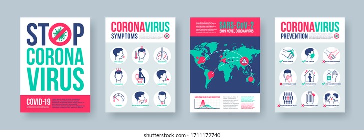 Coronavirus poster set with infographics elements. Novel coronavirus 2019-nCoV banners. Vector illustration.
