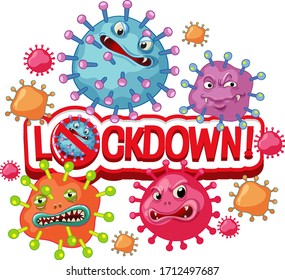 Coronavirus poster with word lockdown and many virus cells illustration