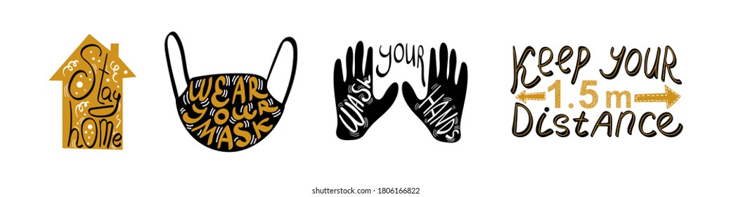 Coronavirus posters set. Hand drawn pandemic concept. Vector illustration.