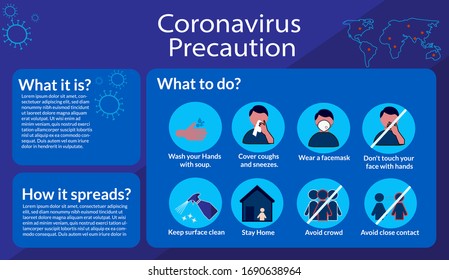 Coronavirus Precaution informational infography vector How to Protect Yourself against virus, flu, diseases. Basic protective measures again covid-19.