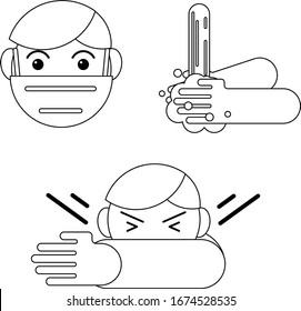 Coronavirus Precaution Tips. 2019-nCoV, Covid-19. Abstract infographic symptoms and prevention tips, health and medical. Flat outline icons of man with cough, wash hands, medical mask. Vector