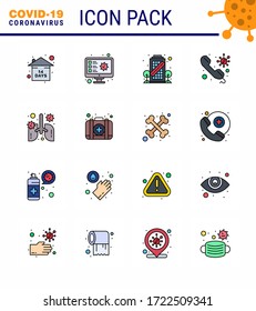 Coronavirus Precaution Tips icon for healthcare guidelines presentation 16 Flat Color Filled Line icon pack such as call; doctor; record; consult; staying viral coronavirus 2019-nov disease Vector