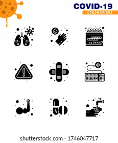 Coronavirus Precaution Tips icon for healthcare guidelines presentation 9 Solid Glyph Black icon pack such as  attach; bandage; quarantine; aid; warning viral coronavirus 2019-nov disease Elements