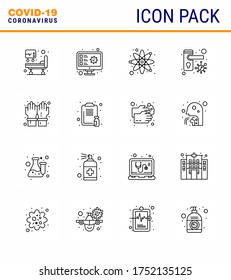 Coronavirus Precaution Tips icon for healthcare guidelines presentation 16 Line icon pack such as hand; bacteria; atom; safety; doorknob viral coronavirus 2019-nov disease Vector Design Elements