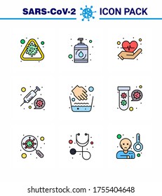 Coronavirus Precaution Tips icon for healthcare guidelines presentation 9 Filled Line Flat Color icon pack such as hygiene; vaccine; sanitizer; syring; coronavirus viral coronavirus 2019-nov disease
