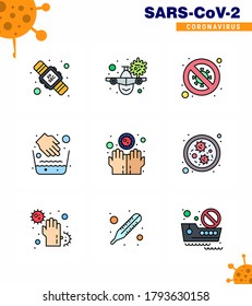 Coronavirus Precaution Tips icon for healthcare guidelines presentation 9 Filled Line Flat Color icon pack such as medical; hands; virus; signaling; no viral coronavirus 2019-nov disease Vector