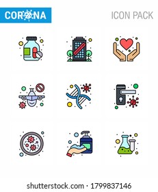 Coronavirus Precaution Tips icon for healthcare guidelines presentation 9 Filled Line Flat Color icon pack such as genomic; dna; hands; warning; prohibit viral coronavirus 2019-nov disease Vector