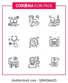 Coronavirus Precaution Tips icon for healthcare guidelines presentation 9 Line icon pack such as  mers; flu; fever; stethoscope; diagnosis viral coronavirus 2019-nov disease Vector Design Elements
