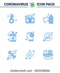 Coronavirus Precaution Tips icon for healthcare guidelines presentation 9 Blue icon pack such as brain; soap; gestures; handcare; bottle viral coronavirus 2019-nov disease Vector Design Elements