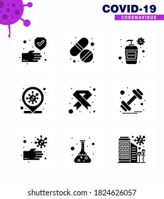 Coronavirus Precaution Tips icon for healthcare guidelines presentation 9 Solid Glyph Black icon pack such as  cancer; infection place; bottle; covid; location viral coronavirus 2019-nov disease 