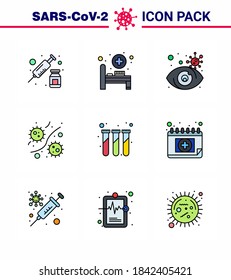 Coronavirus Precaution Tips icon for healthcare guidelines presentation 9 Filled Line Flat Color icon pack such as lab; viruses; search; plasm; germs viral coronavirus 2019-nov disease Vector Design