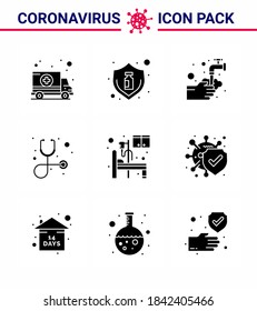 Coronavirus Precaution Tips icon for healthcare guidelines presentation 9 Solid Glyph Black icon pack such as  bed; healthcare; bottle; diagnosis; water viral coronavirus 2019-nov disease Vector