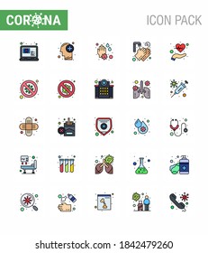 Coronavirus Precaution Tips icon for healthcare guidelines presentation 25 Flat Color Filled Line icon pack such as care; twenty seconds; hand; washing; hands viral coronavirus 2019-nov disease Vector