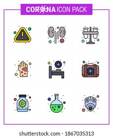 Coronavirus Precaution Tips icon for healthcare guidelines presentation 9 Filled Line Flat Color icon pack such as hygiene; germ; test; dirty; tubes viral coronavirus 2019-nov disease Vector Design 