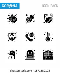 Coronavirus Precaution Tips icon for healthcare guidelines presentation 9 Solid Glyph Black icon pack such as  call; flu; hands; coronavirus; bat viral coronavirus 2019-nov disease Vector Design 