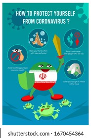 Coronavirus Precaution Tips Iran Flag . Stop Corona Virus Precaution Tips .Coronavirus 2019-nCoV Infographic.Wuhan Coronavirus 2019-nCoV Concept Vector Illustration