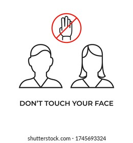 Coronavirus Precaution Tips Linear Icons On White Background. Dont Touch Your Face. Editable Stroke. Man And Woman Avatar. Warning Don't Touch Face With Dirty Hands