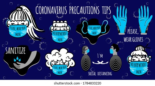 Consejos de precaución de coronavirus. Protéjense a sí mismos y a los demás. Advertencia, infección peligrosa. Conjunto vectorial de material de coronavirus COVID-19. Medidas de seguridad y signos de precaución en el fondo oscuro.