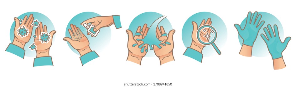 Coronavirus precautions. Hands disinfection, using antiseptic to kill bacterias and viruses, wearing medical nitrile gloves. Illustration for your design