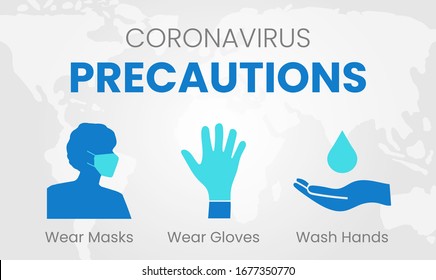 Coronavirus Precautions Wear Masks, Gloves, Wash Hands Illustration with Global World Map