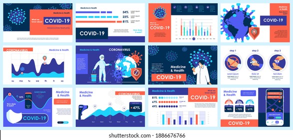 Coronavirus presentation slides templates from infographic elements and vector illustration. Can be used for presentation 2019-nCoV Covid, symptoms, spreading, preventive and protection from virus.