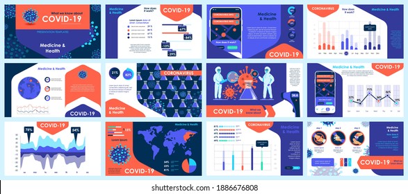 Coronavirus presentation slides templates from infographic elements and vector illustration. Can be used for presentation 2019-nCoV Covid, symptoms, spreading, preventive and protection from virus.