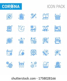 Coronavirus Prevention 25 icon Set Blue. sicher; Hand; Impfstoff; Handschuhe; Viruscoronavirus 2019-nov-Krankheit Vektor Design Elements