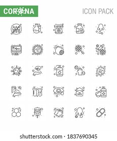 Coronavirus Prevention 25 icon Set Blue. Tropfen; Allergie; Bereitschaftsarzt; Pillen; Viruscoronavirus 2019-nov Krankheit Vektor Design Elements