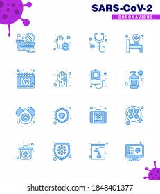 Coronavirus Prevention 25 icon Set Blue. schudule; calendar; diagnosis; appointment; hospital bed viral coronavirus 2019-nov disease Vector Design Elements