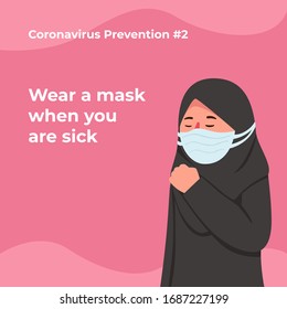 Coronavirus Prevention Ads Illustration Arabian Girl Wearing Mask Cartoon