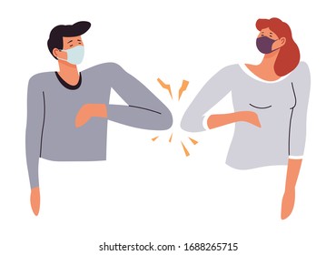 Coronavirus prevention, avoid contact with people and wear individual protective mask. Characters greeting by bumping elbows without touching hands. Epidemic disease spreading vector in flat