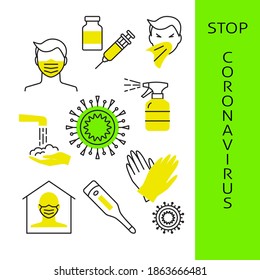 Coronavirus prevention banner in line style. Medical poster with COVID-19 protection symbols. Vector illustration.