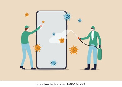 Coronavirus prevention clean your phone, sanitize smartphone and disinfect COVID-19 Coronavirus concept, medical and cleaning service worker with full protective gear sanitize and disinfect cellphone.