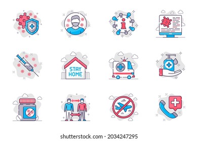 Concepto de prevención de coronavirus conjunto de iconos de línea plana. Vacunación y prevención de enfermedades. Paquete de máscara médica, quédate en casa, desinfección, otros. Símbolo de esquema de paquete conceptual de vector para aplicación móvil