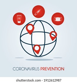 Konzept zur Verhütung von Koronavirus, globale Kugel und medizinische Symbole auf grauem Hintergrund, buntes Design, Vektorgrafik