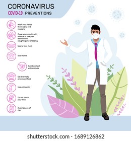 Coronavirus Prevention (COVID-19). Image of a doctor explaining protective measures. Idea for coronavirus outbreak and prevention. Poster. Vector illustration.