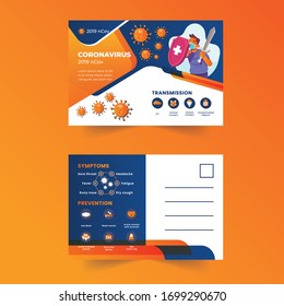 Coronavirus Prevention of COVID-19 infographic Post card  vector illustration. Coronavirus protection Postcard 2019-nCov. Novel coronavirus epidemic. Stop coronavirus.Pandemic alert. Postcard Vector i