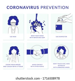 Coronavirus prevention. Covid-19 outbreak concept. How to protect yourself from infection, hand washing, use disinfector, wear mask, cover your sneeze. Vector illustration, flat icons.