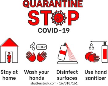 Coronavirus prevention. COVID-19 quarantine concept. COVID-19 prevention. Coronavirus outbreak. Pandemic. Stop dangerous virus. Vector illustration for poster, banner, flyer.