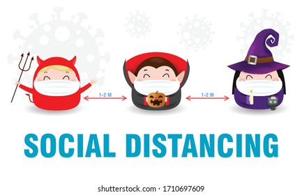 coronavirus prevention, COVID-19 and Social Distancing with Happy Halloween,  dracula and witch and red devil keeping distance for infection risk and disease, wearing surgical protective Medical mask