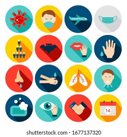 Coronavirus Prevention Flat Icons. Set of Circle Medical Items with Long Shadow.