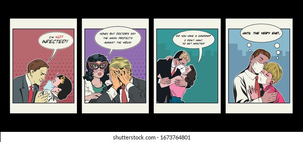 Coronavirus Prevention Divertidas ilustraciones, máscaras de azúcar, parejas enamoradas