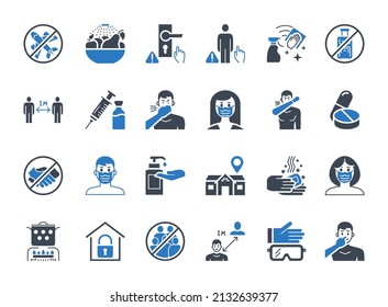 Coronavirus Prevention glyph vector icons. Isolated on white background. Contains such Icons as Washing Hands, Outbreak Map, Man and Woman Wearing Face Mask, avoid travel, wash fruits, vaccine, clean