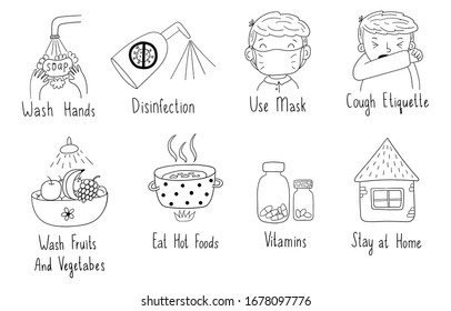  Prävention von Koronavirus. Handgezeichnete doodle-Illustration.Sicherheit, Gesundheit, Heilmittel und Vorbeugung von Viruserkrankungen. Isolation. Vektorillustration. Coronavirus 2019.