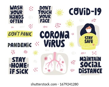  Prevención del coronavirus. Carteles vectoriales dibujados a mano para banner, volante, pegatina. Lávate las manos, no toques tu cara ni a los demás. Ilustración de una chica enmascarada y pulmones infectados.