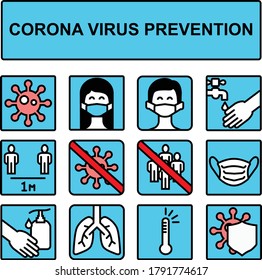 Coronavirus Prevention. Coronavirus icon set for infographic or website. Safety, health, remedies and prevention of viral diseases. Isolation. Vector illustration