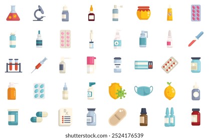 Coronavirus prevention icon set showing medical treatment and immunity boosting with vitamins and natural remedies