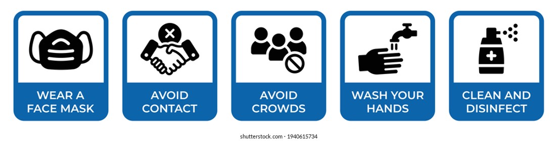 Coronavirus Prevention Icon Vector set for covid-19 pandemic. Blue signs preventives measures. Face mask required, clean and disinfect, keep your distance, avoid contact, wash your hands.