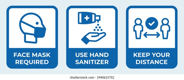 Coronavirus Prevention Icon Vector set for covid-19 pandemic. Blue signs preventives measures. Face mask required, use hand sanitizer, keep your distance.